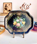 Vintage Floral Tray: Black & Gold Filigree, Made in England (7 Inch)