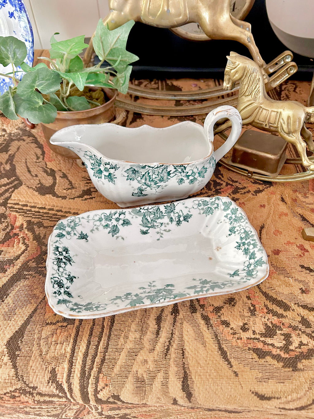 Antique Royal Vitreous Green White Transferware Gravy Boat with Underplate