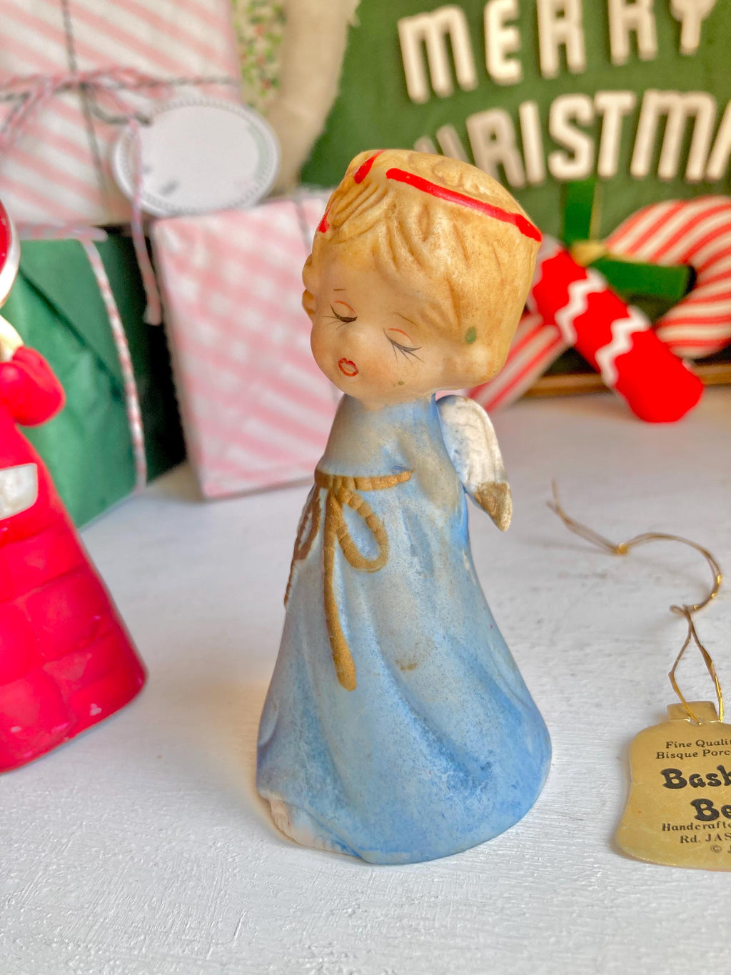 Vintage JASCO Bisque Bell Figurines: Sleepy Girl & Bashful Angel, 1978 Taiwan