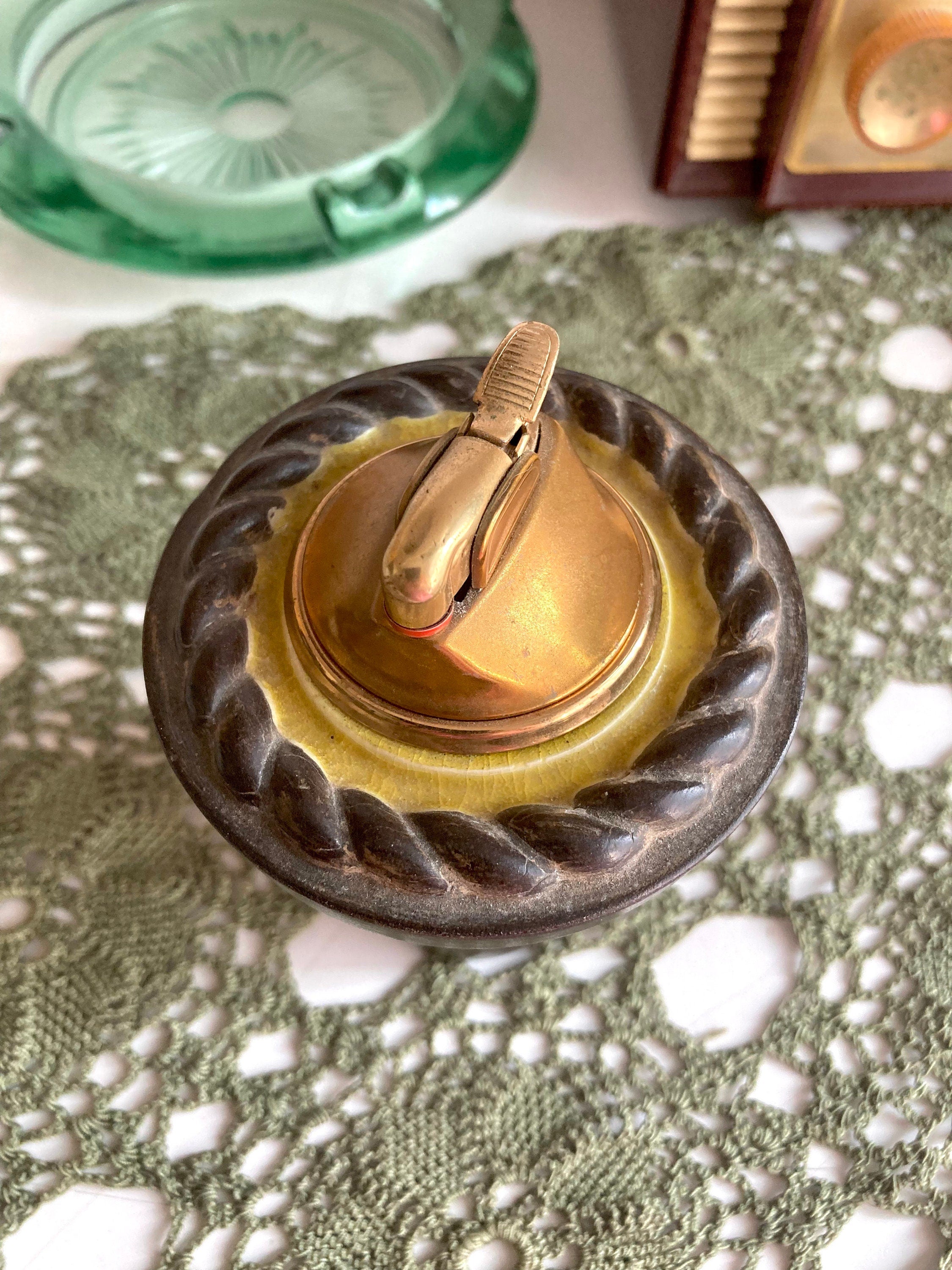Vintage MCM Evans Table Lighter: Brown Ceramic & Brass Rope Pattern