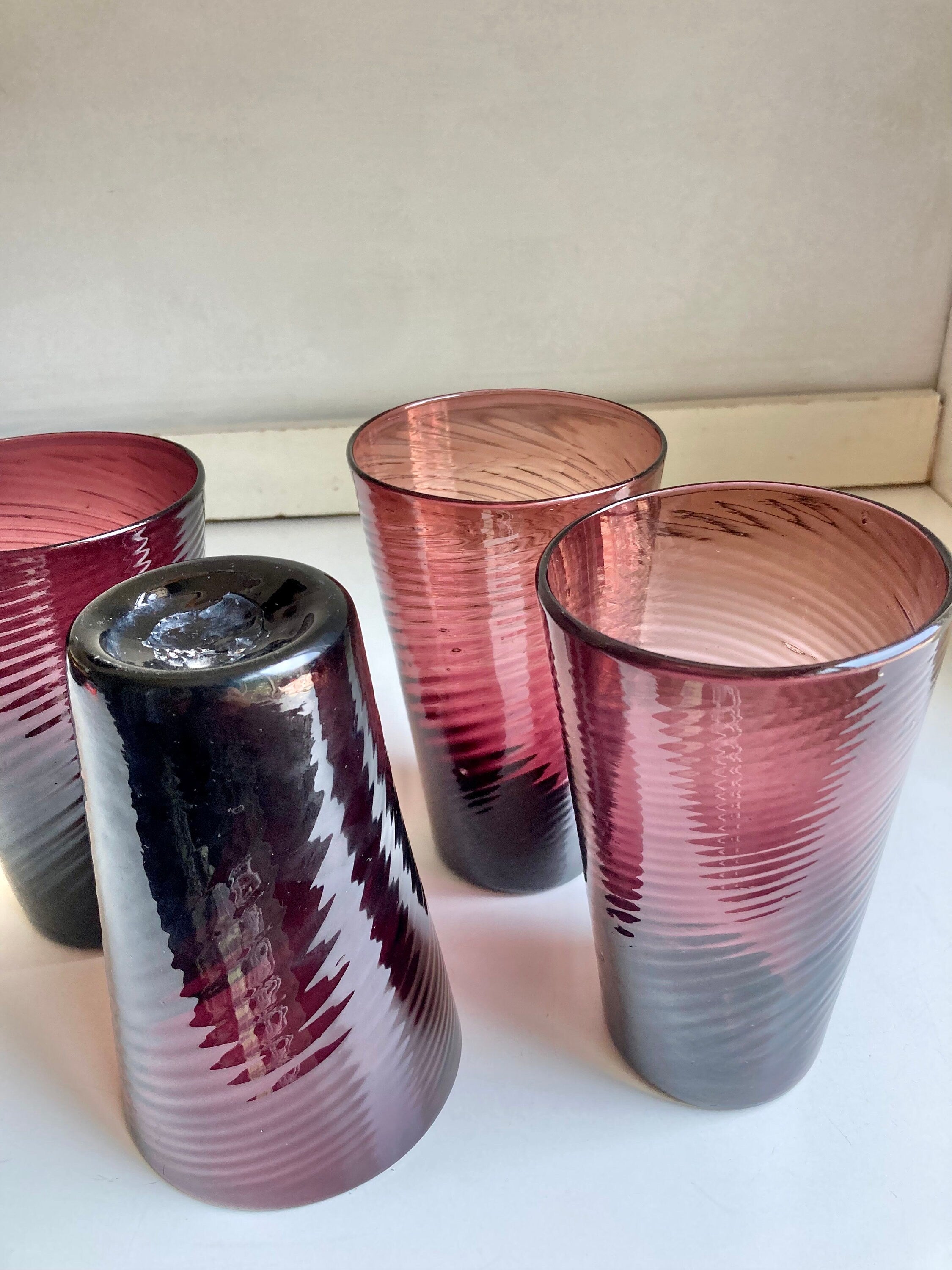 Vintage Hand Blown Amethyst Swirl Glass Tumblers - Set of 4