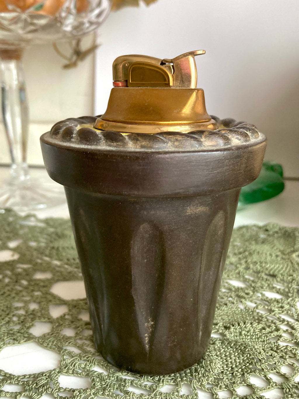 Vintage MCM Evans Table Lighter: Brown Ceramic & Brass Rope Pattern