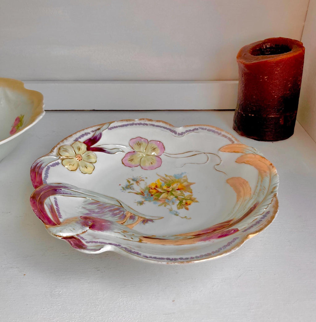 Vintage Bavarian Porcelain Bowl: Hand-Painted Bird & Floral Luster Dish