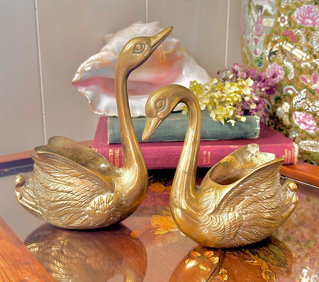 Pair of Vintage Brass Swan Planters
