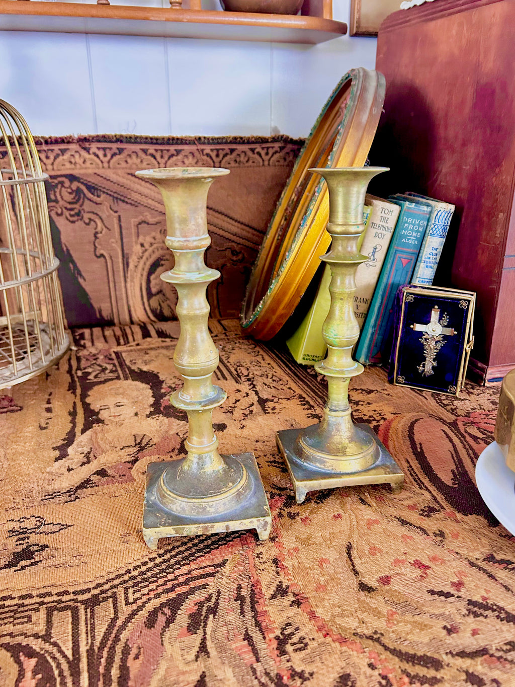 Vintage-Worn Brass Candlestick Holders