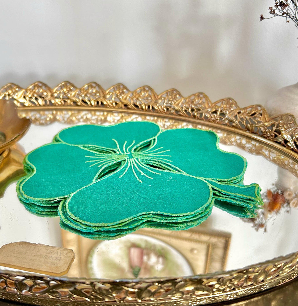 Vintage Hand Stitched Linen Shamrock Coasters in Emerald Green Set of 4