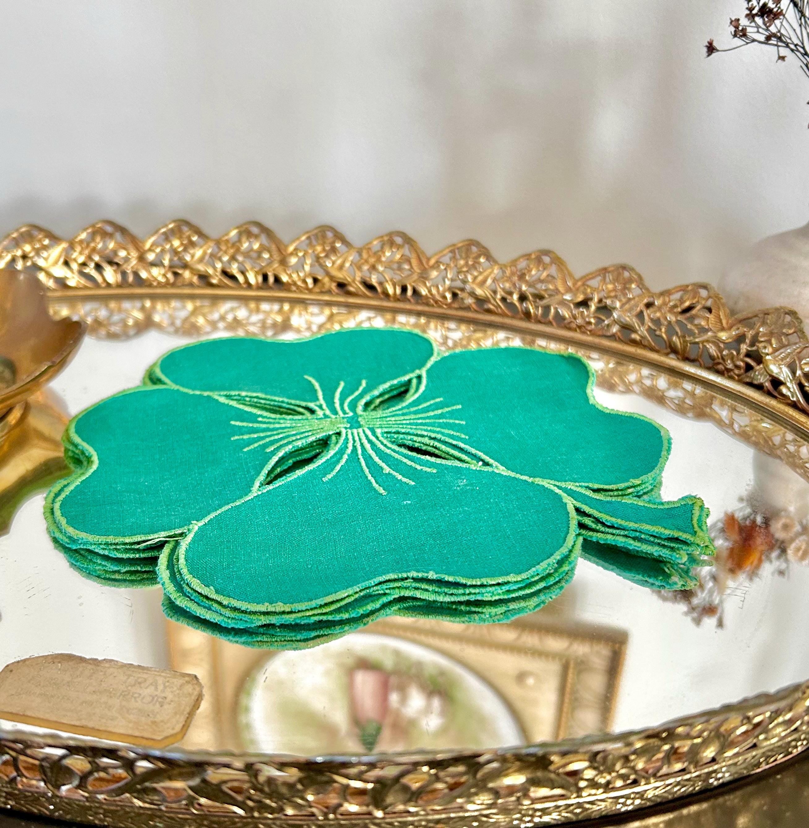 Vintage Hand Stitched Linen Shamrock Coasters in Emerald Green Set of 4