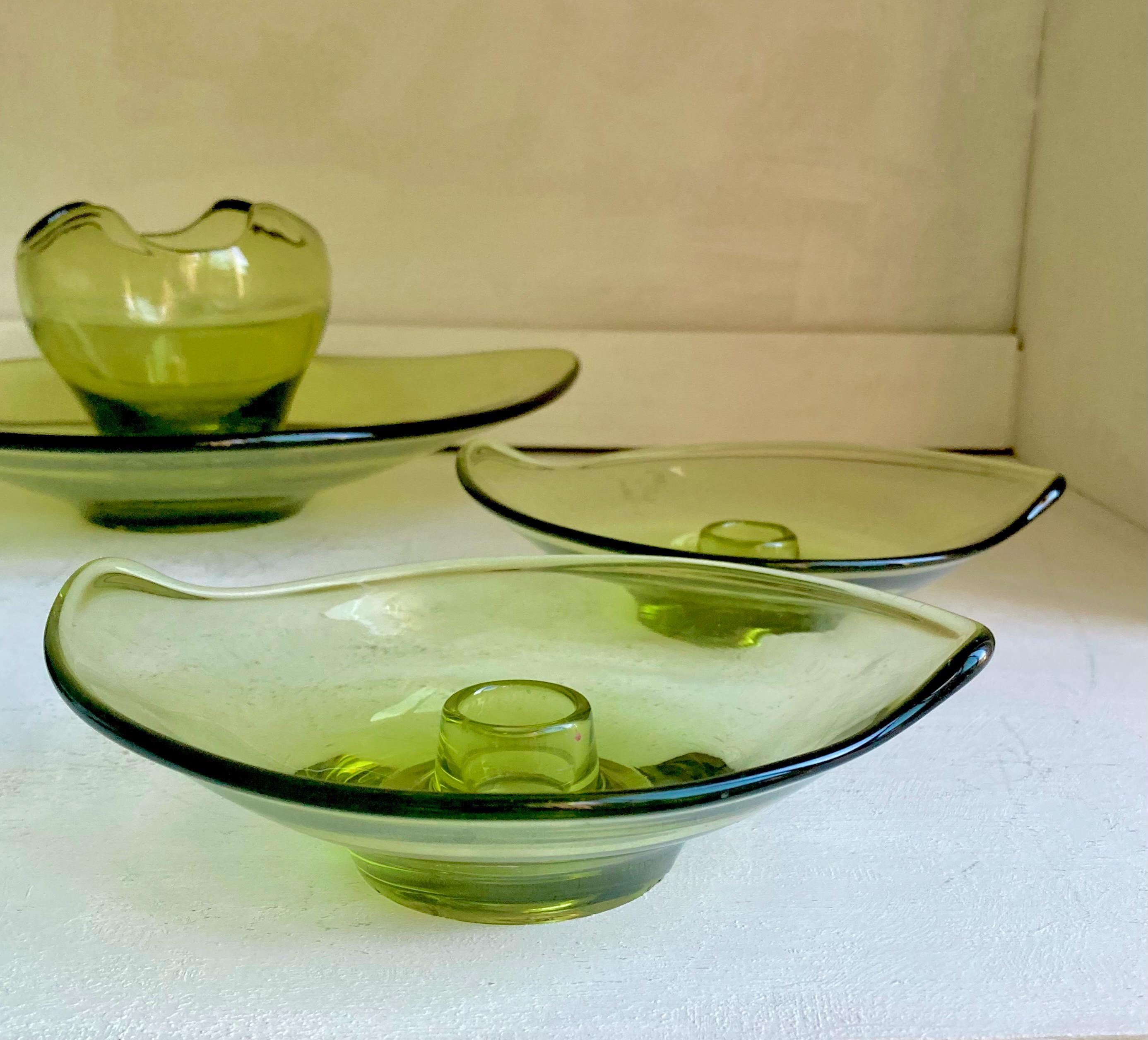 Vintage Viking Green Glass Epic Pattern: CHOOSE from various options, candleholder pair, bowls, dish