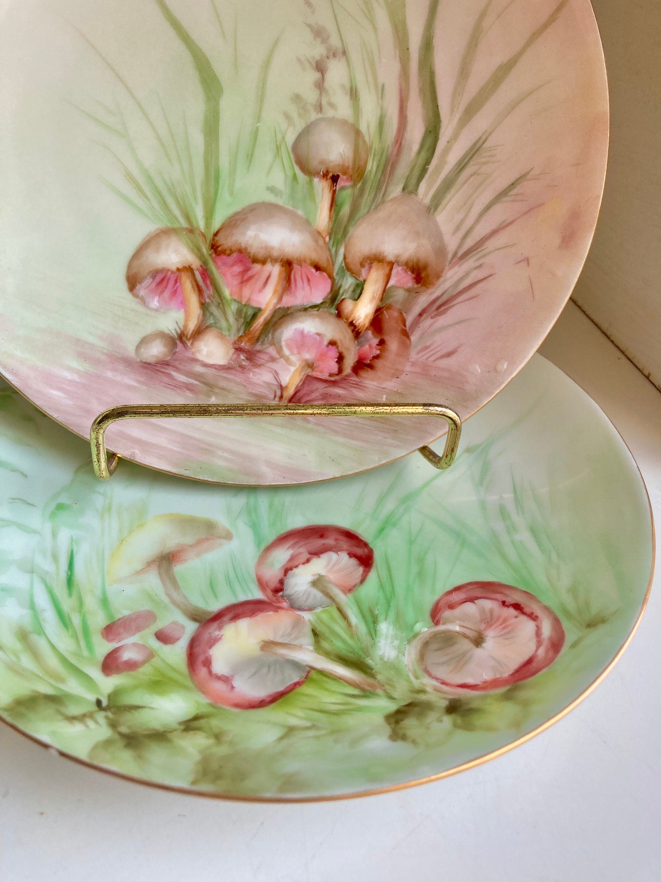 Antique Hand Painted Mushroom Plate: Gold Trim Dessert Plate, 7"