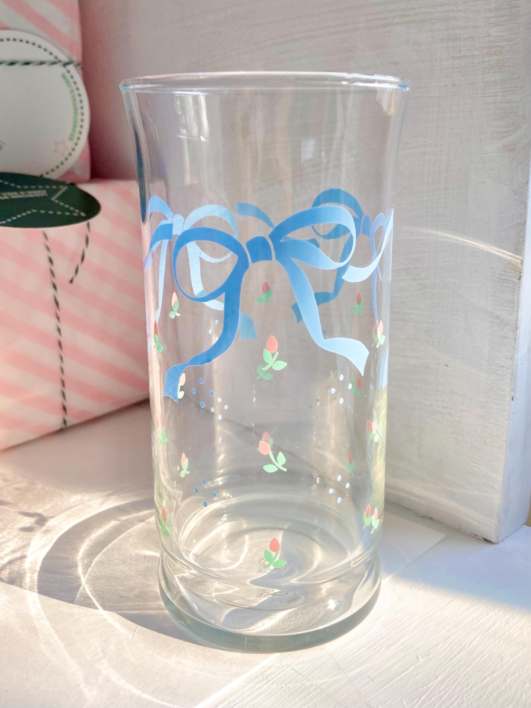 Vintage Libbey Glassware Set: Blue Ribbon & Rose Floral Glasses