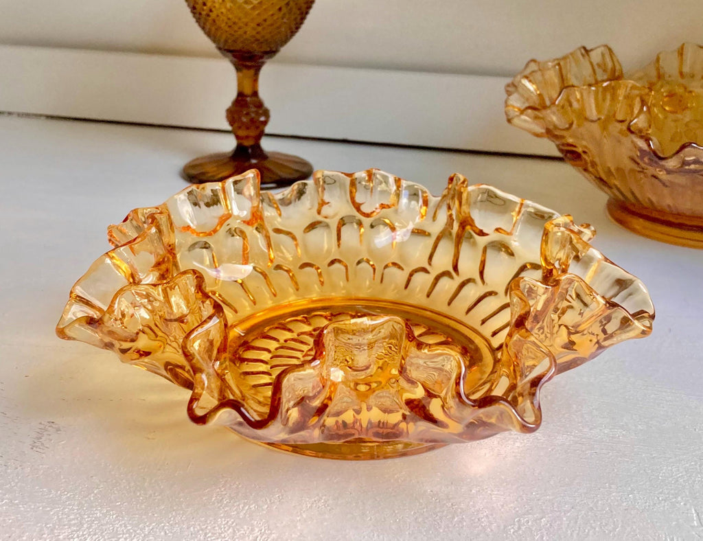 Vintage Amber Art Glass Bowl: Fenton, IVIMA Ruffled Rim Compote