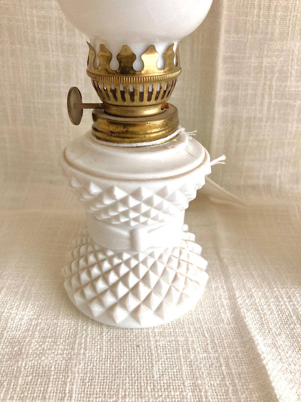 Vintage Milk Glass Oil Lamp: Diamond Hobnail, Fruit Appliqué, 8" Tall