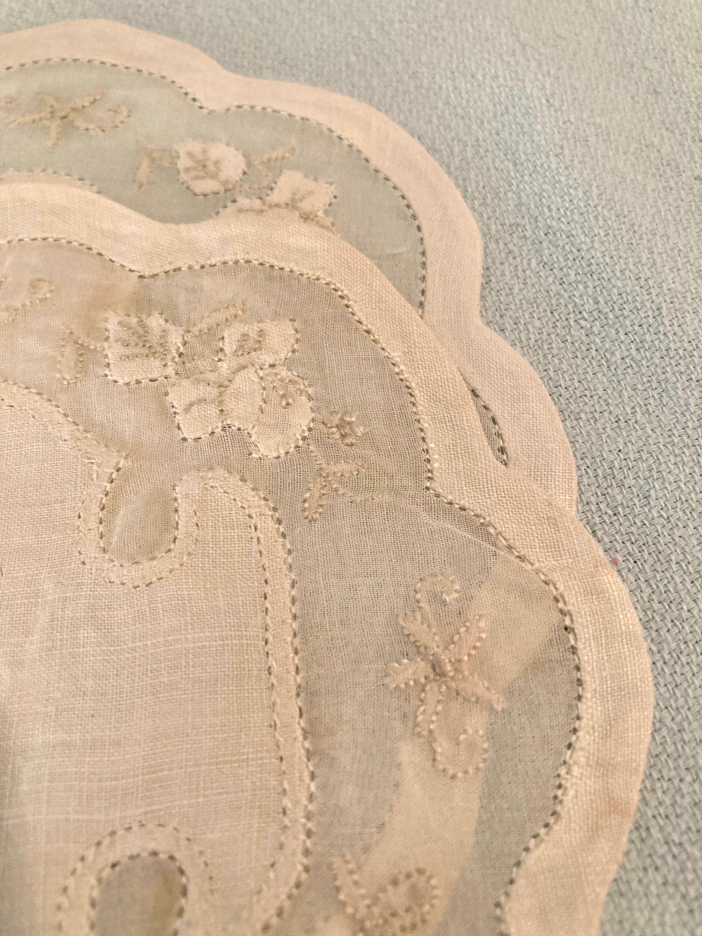 Vintage Madeira Linen Cocktail Rounds: Ecru Floral Applique, Set of 2