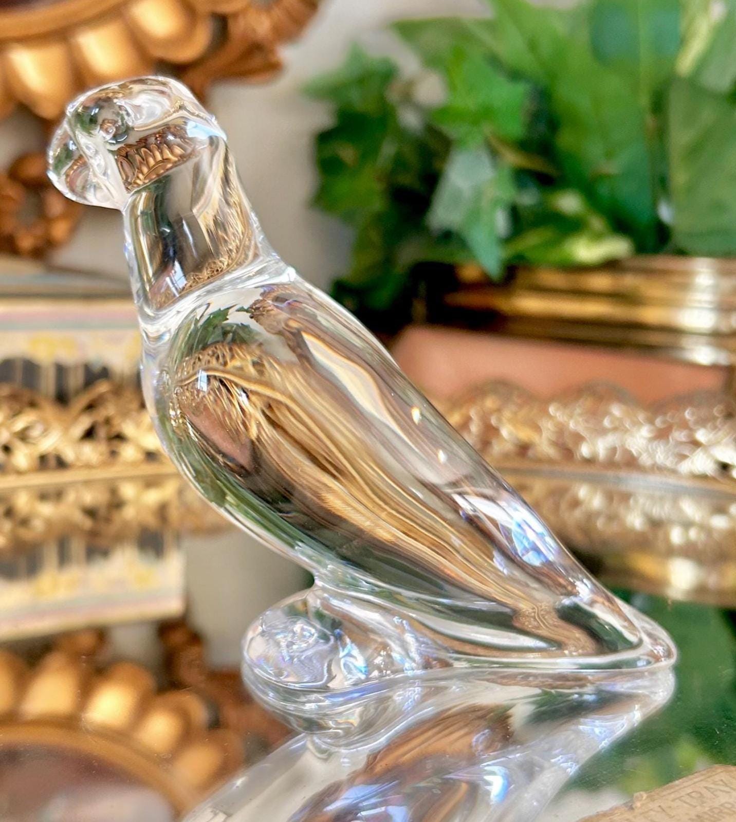 Vintage Baccarat, France Solid Crystal Glass Parrot Figurine, Clear