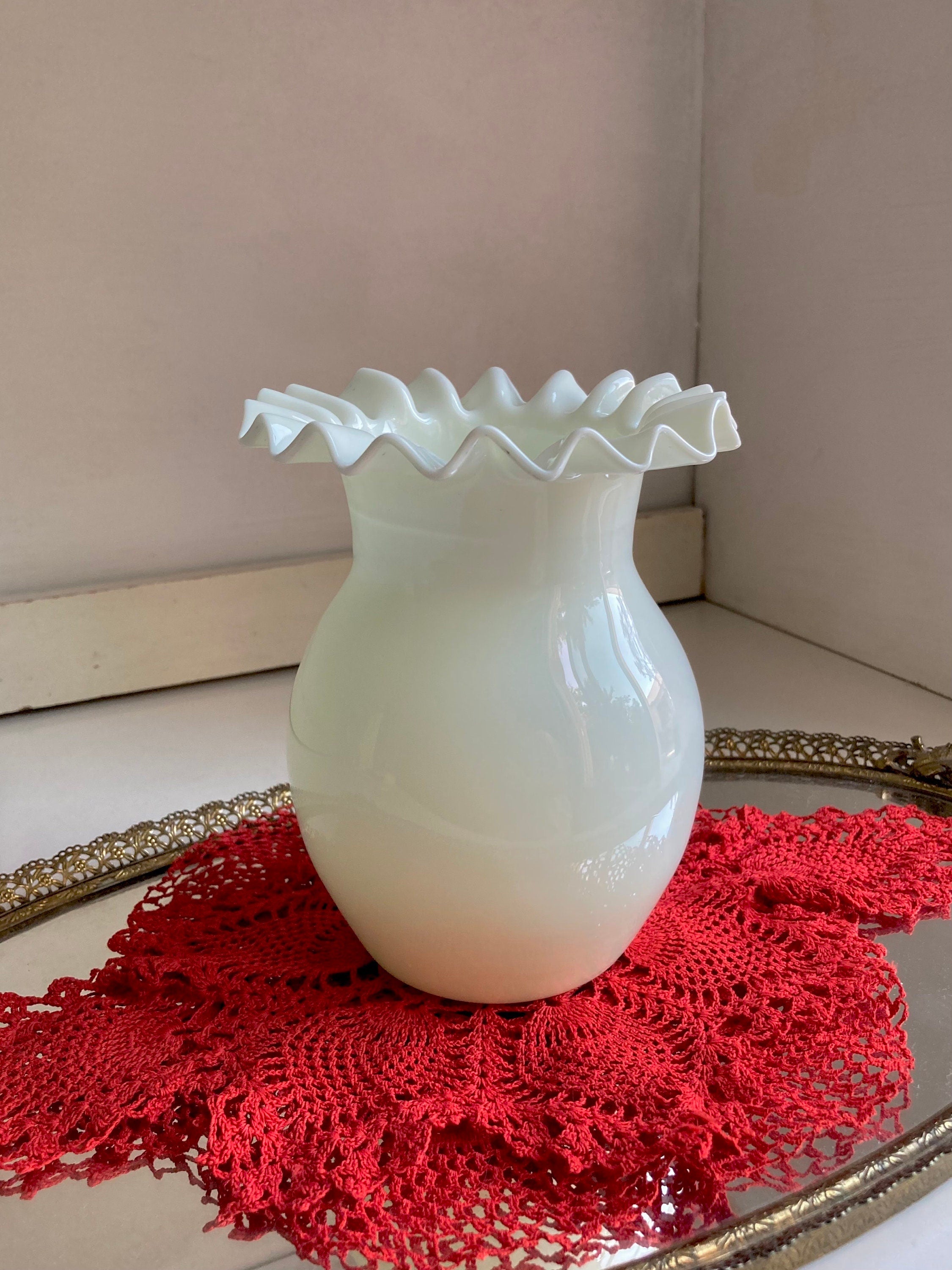 Vintage Blown Milk Glass, Crimped Rim Vase - Portugal