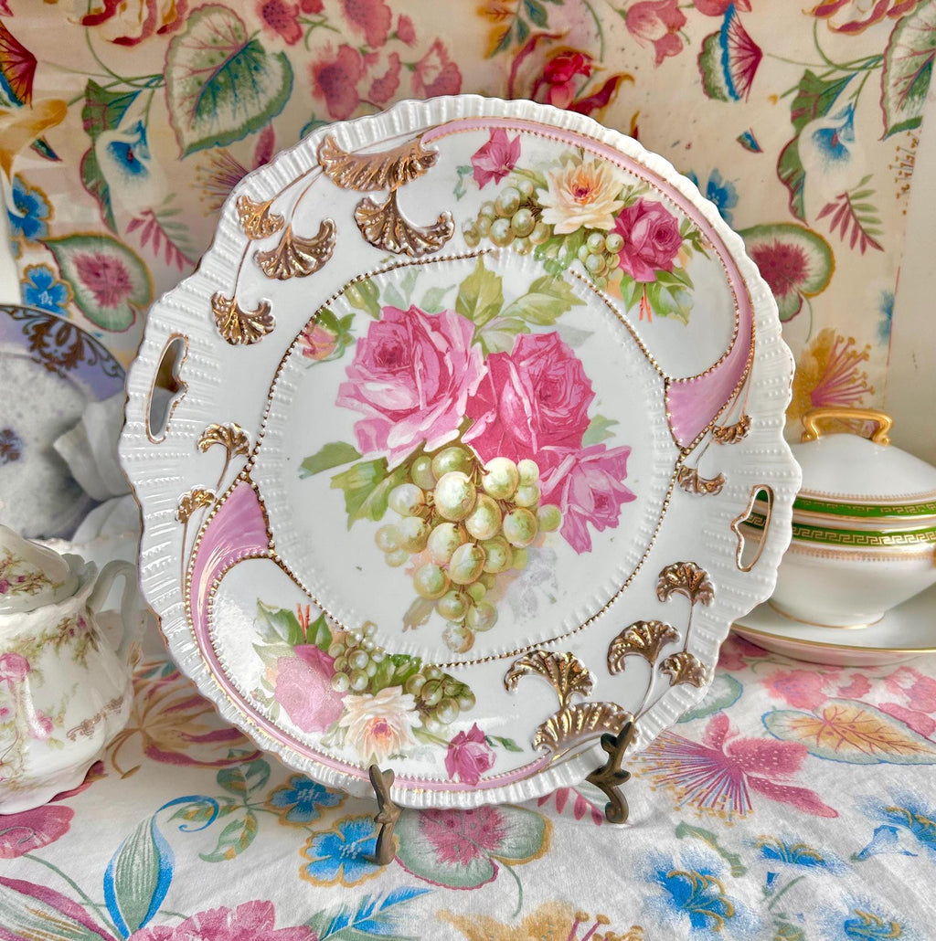 Vintage Porcelain Platter: Gold Foliage, Roses & Grapes, Beaded Handles