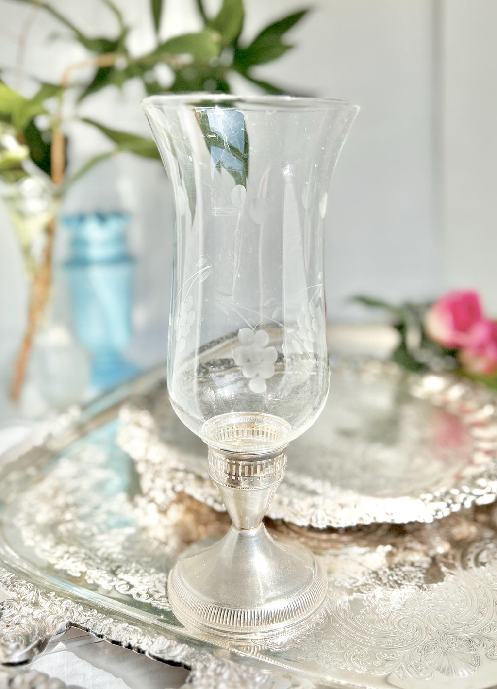 Vintage Weighted Sterling Silver Hurricane Candle Holder with Etched Grape Shade