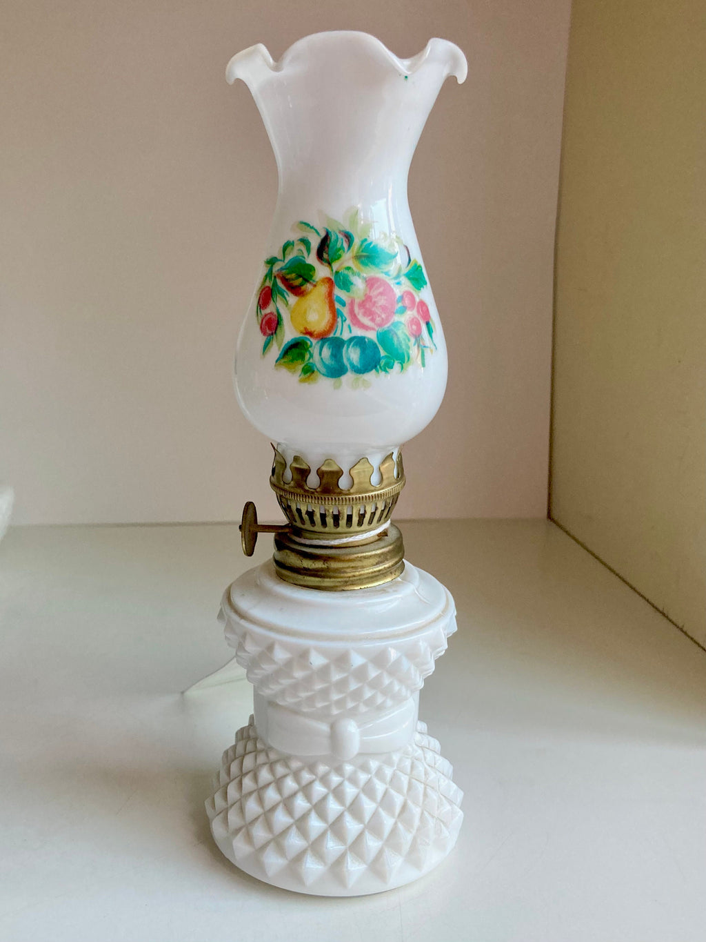 Vintage Milk Glass Oil Lamp: Diamond Hobnail, Fruit Appliqué, 8" Tall