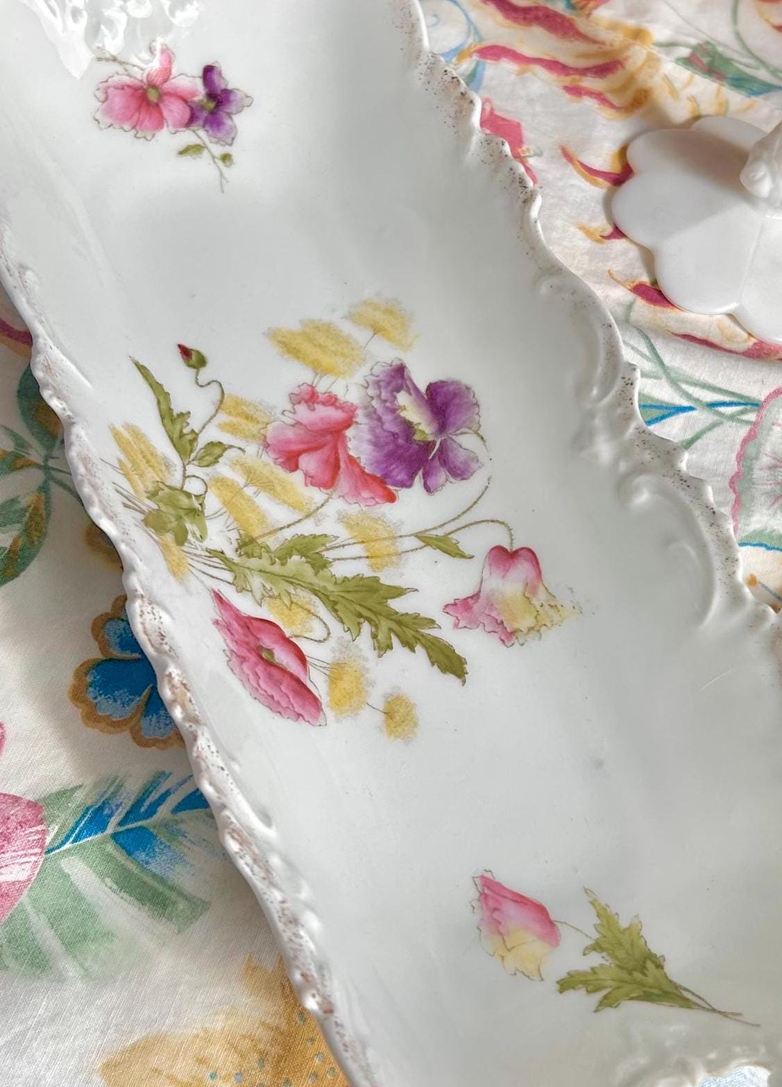 Vintage Porcelain Tray: Pink & Purple Poppies, Gilt Rim, Bavaria Germany