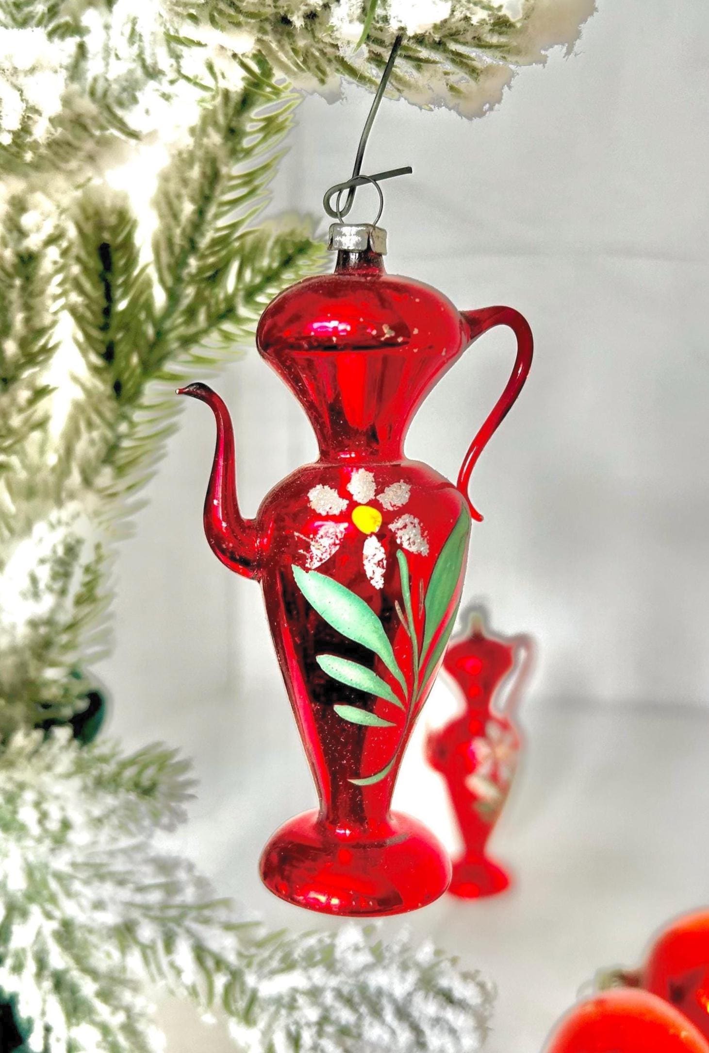 Vintage Handmade Glass Christmas Ornaments Hand Painted Teapots & Drop Bulbs