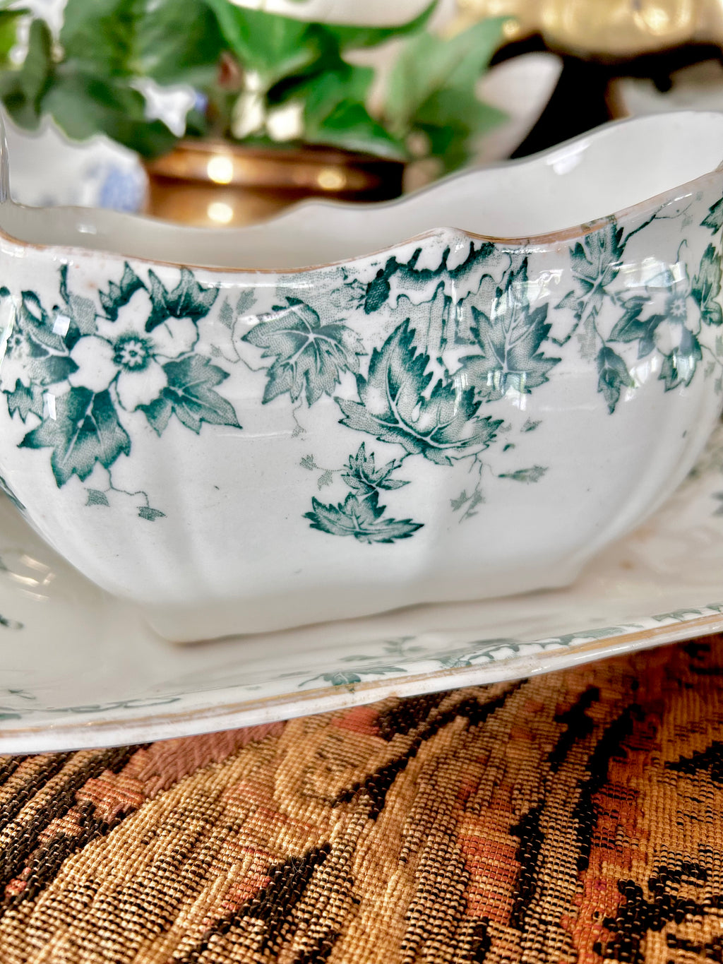 Antique Royal Vitreous Green White Transferware Gravy Boat with Underplate