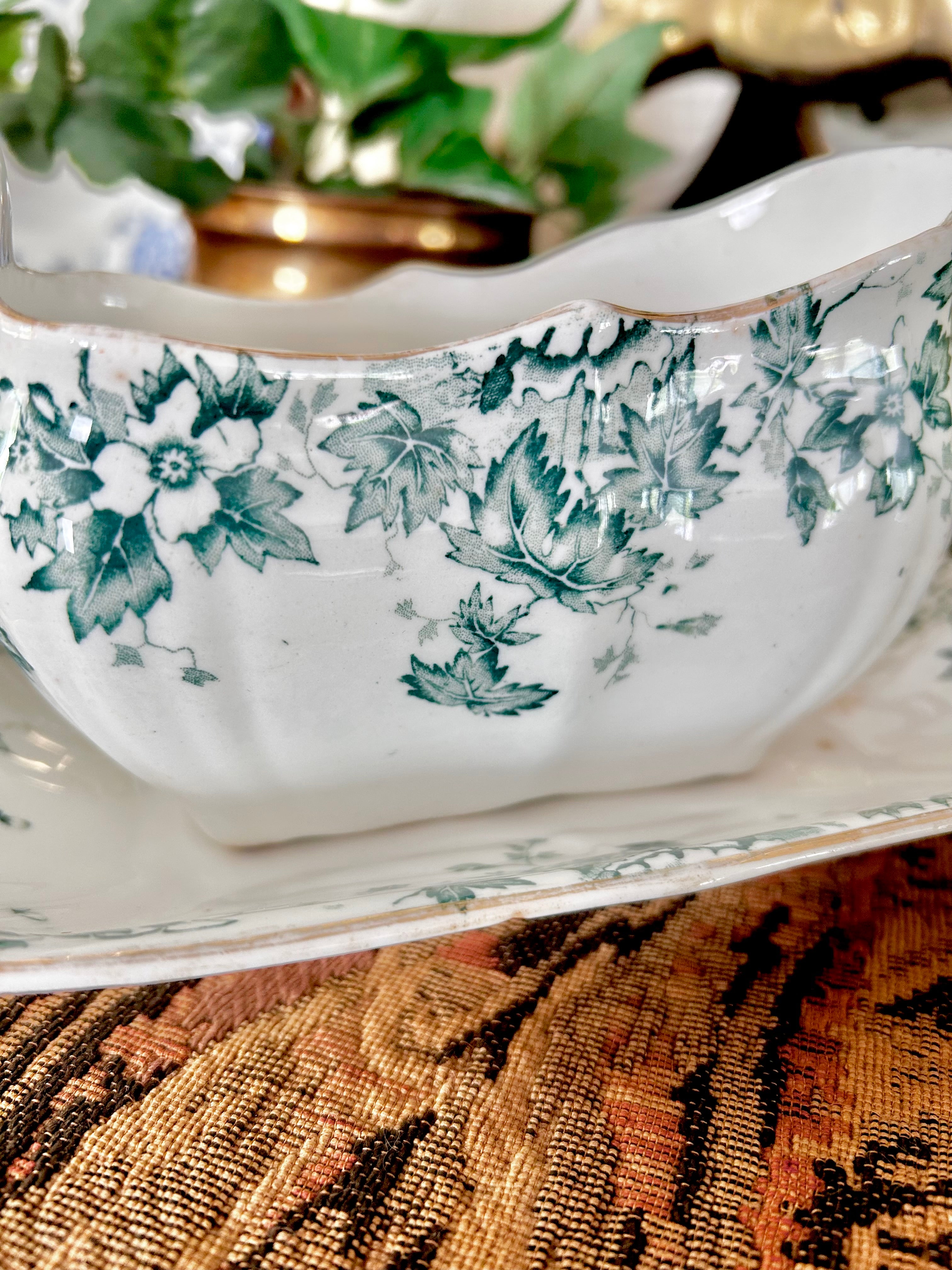 Antique Royal Vitreous Green White Transferware Gravy Boat with Underplate