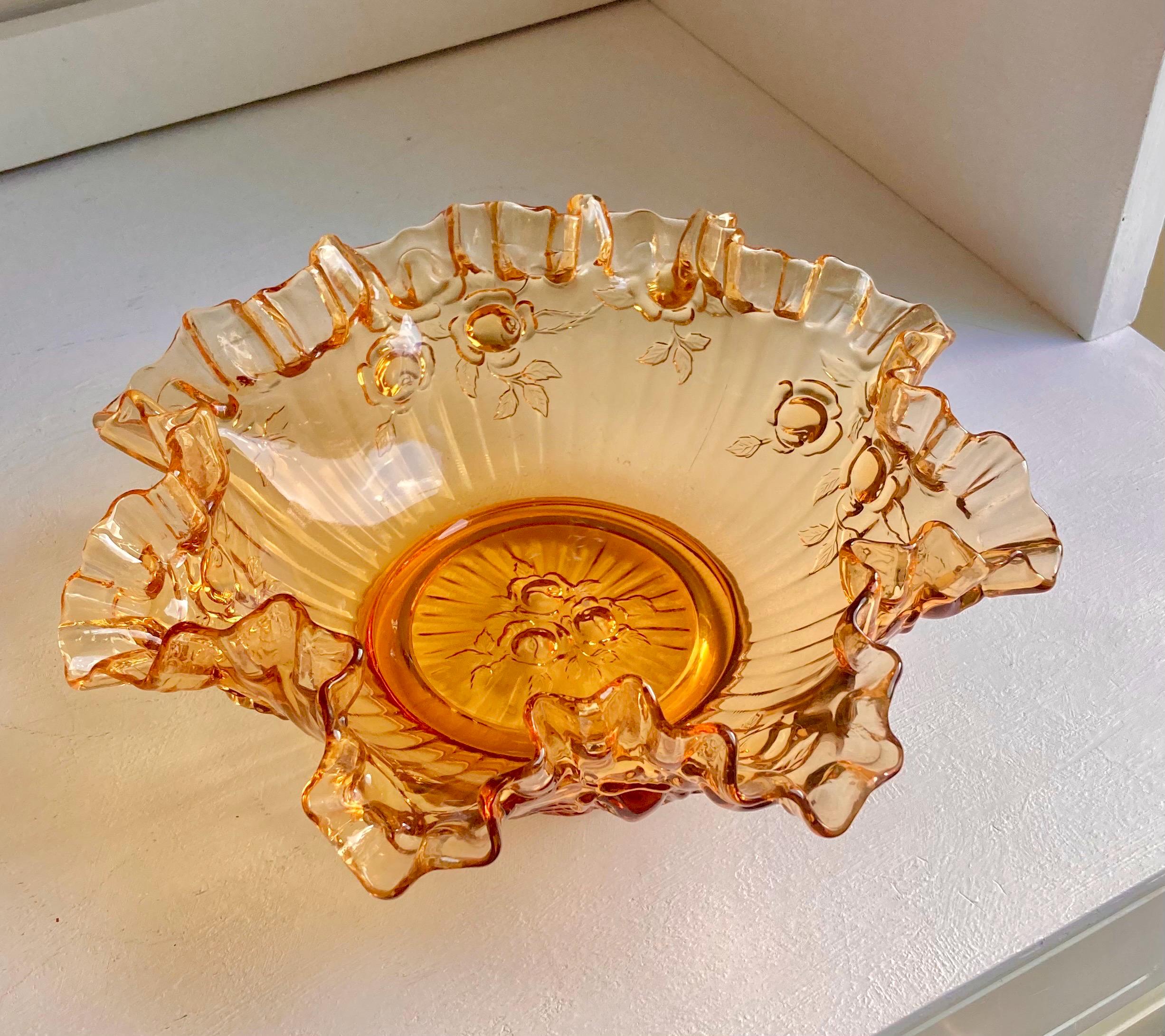 Vintage Amber Art Glass Bowl: Fenton, IVIMA Ruffled Rim Compote