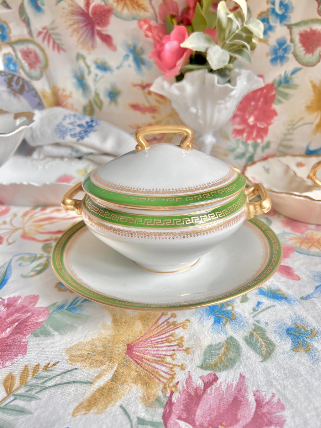 Vintage Porcelain LIMOGES Lidded Tureen with Olive Green and Gold Trim, Gold Handles