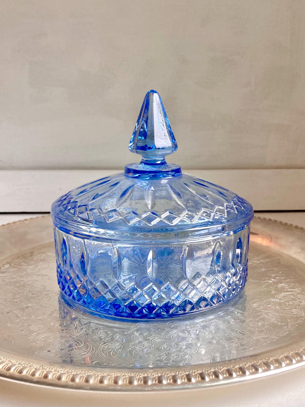 Vintage Indiana Glass Celeste Blue Lidded Candy Dish: Lattice Starburst Pattern