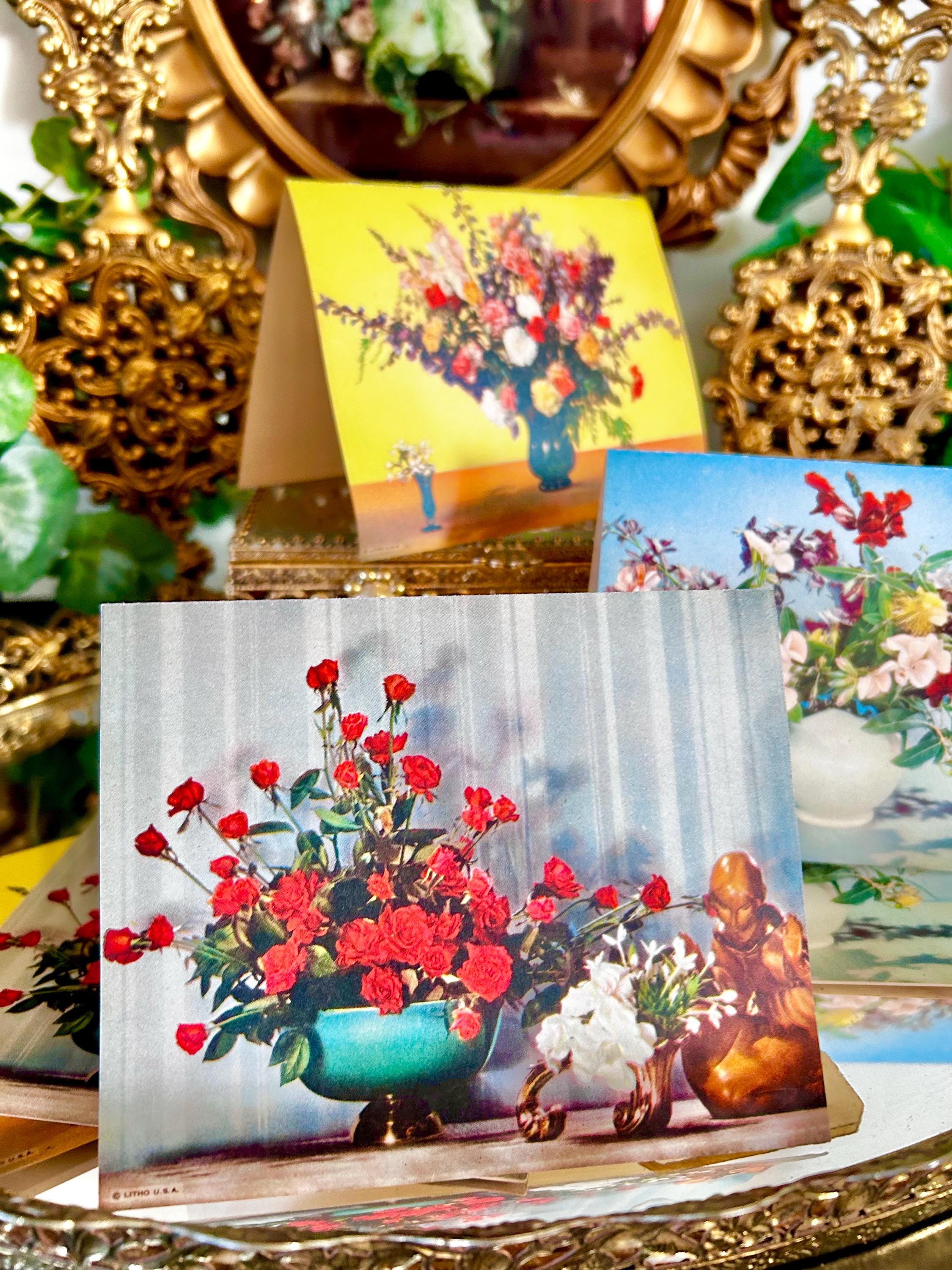 MCM 1950s Floral Blank Notecards, Litho USA, Printed in Milwaukee, Set of Nine