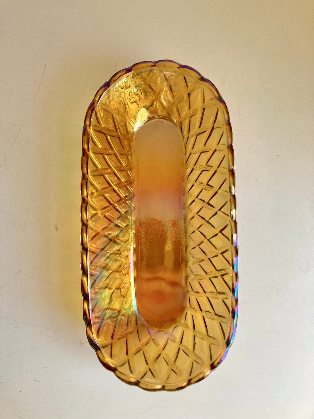 Vintage Amber Carnival Glass Bread Bowl: Indiana Glass Lattice Basketweave