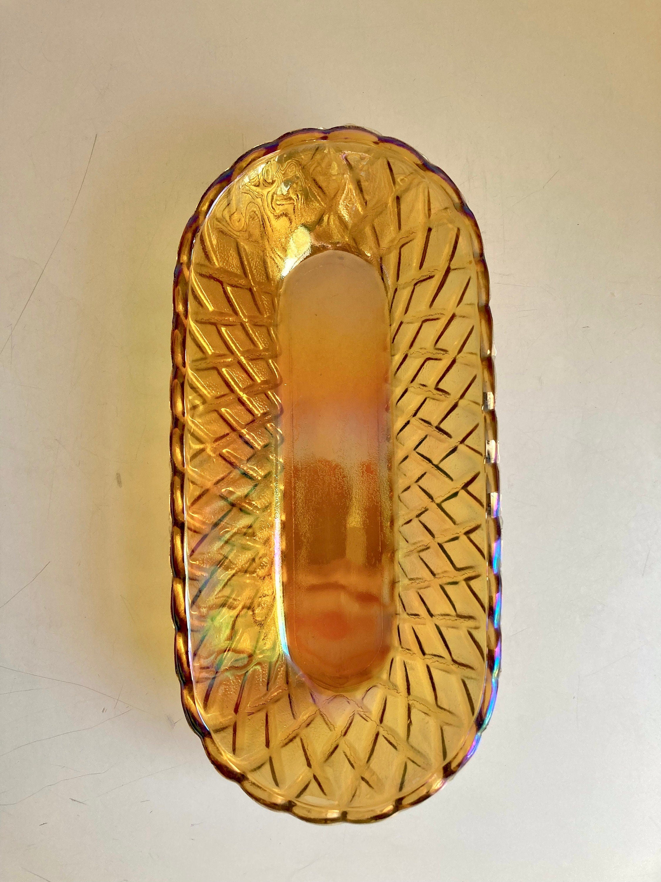 Vintage Amber Carnival Glass Bread Bowl: Indiana Glass Lattice Basketweave
