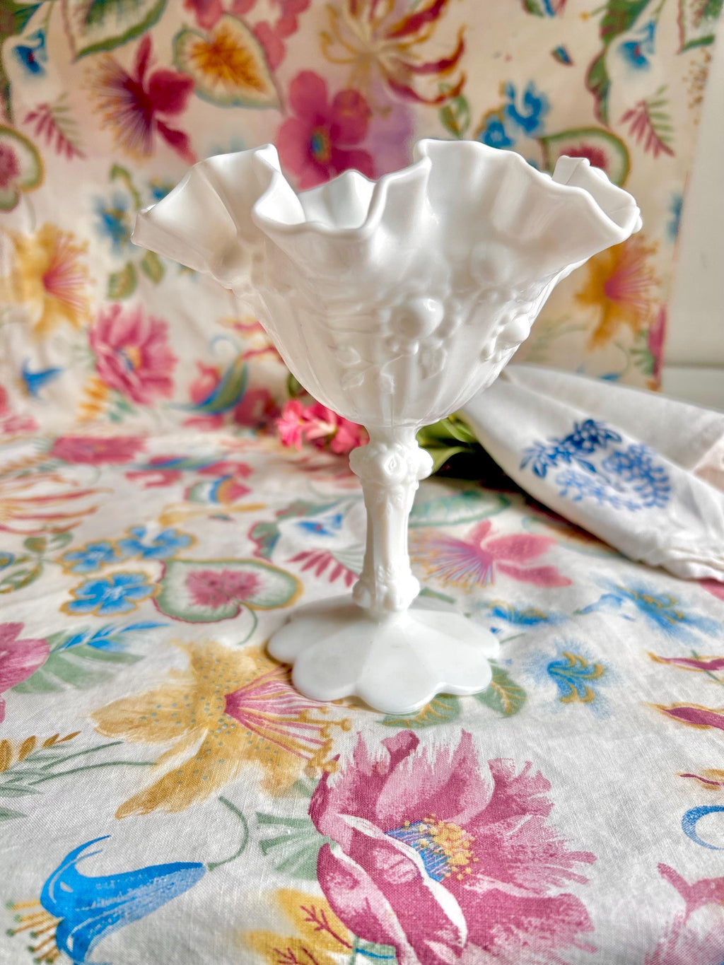 Vintage Fenton Milk Glass Compote, Rosebud Relief, Ruffled Edge