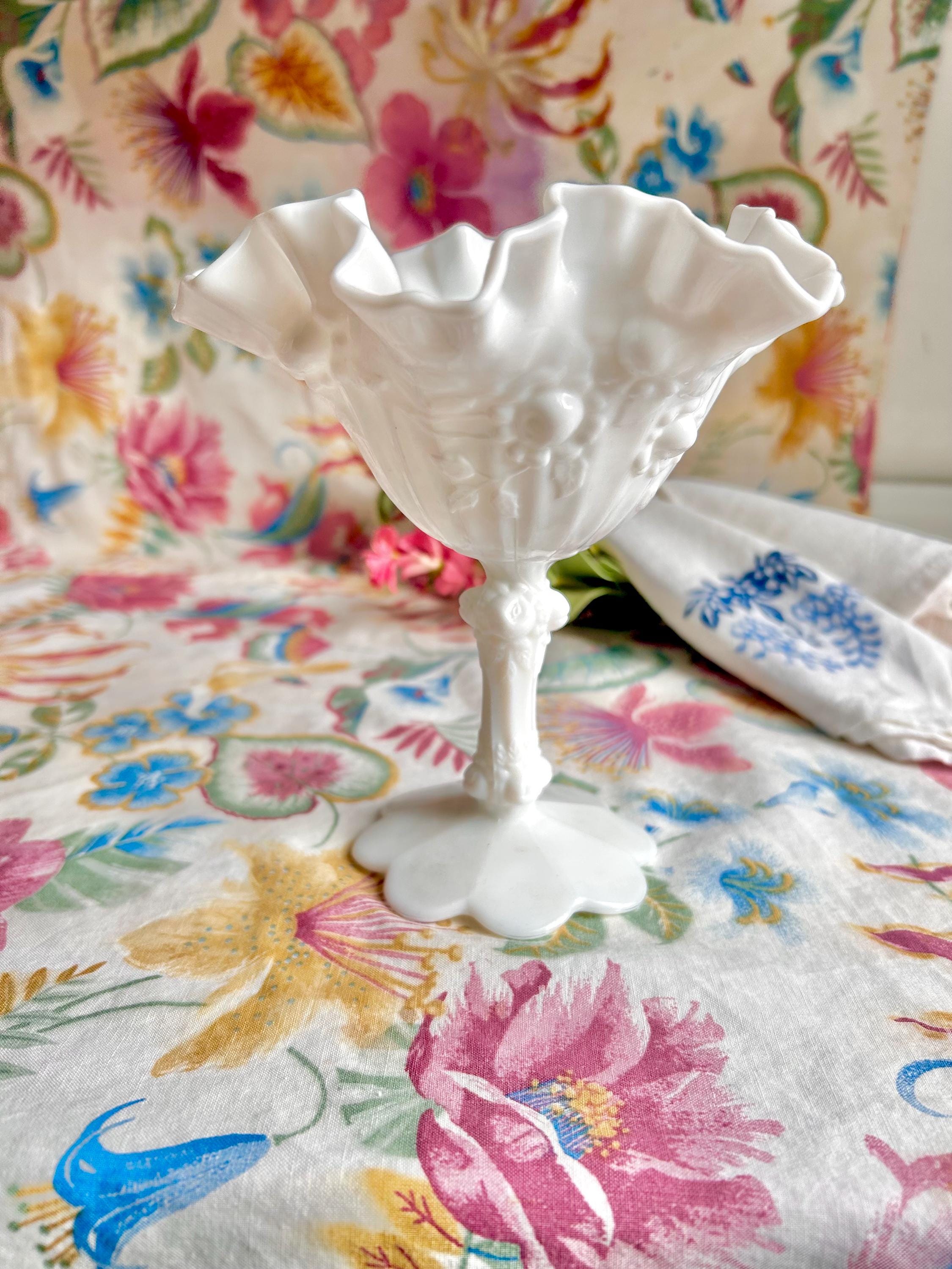 Vintage Fenton Milk Glass Compote, Rosebud Relief, Ruffled Edge