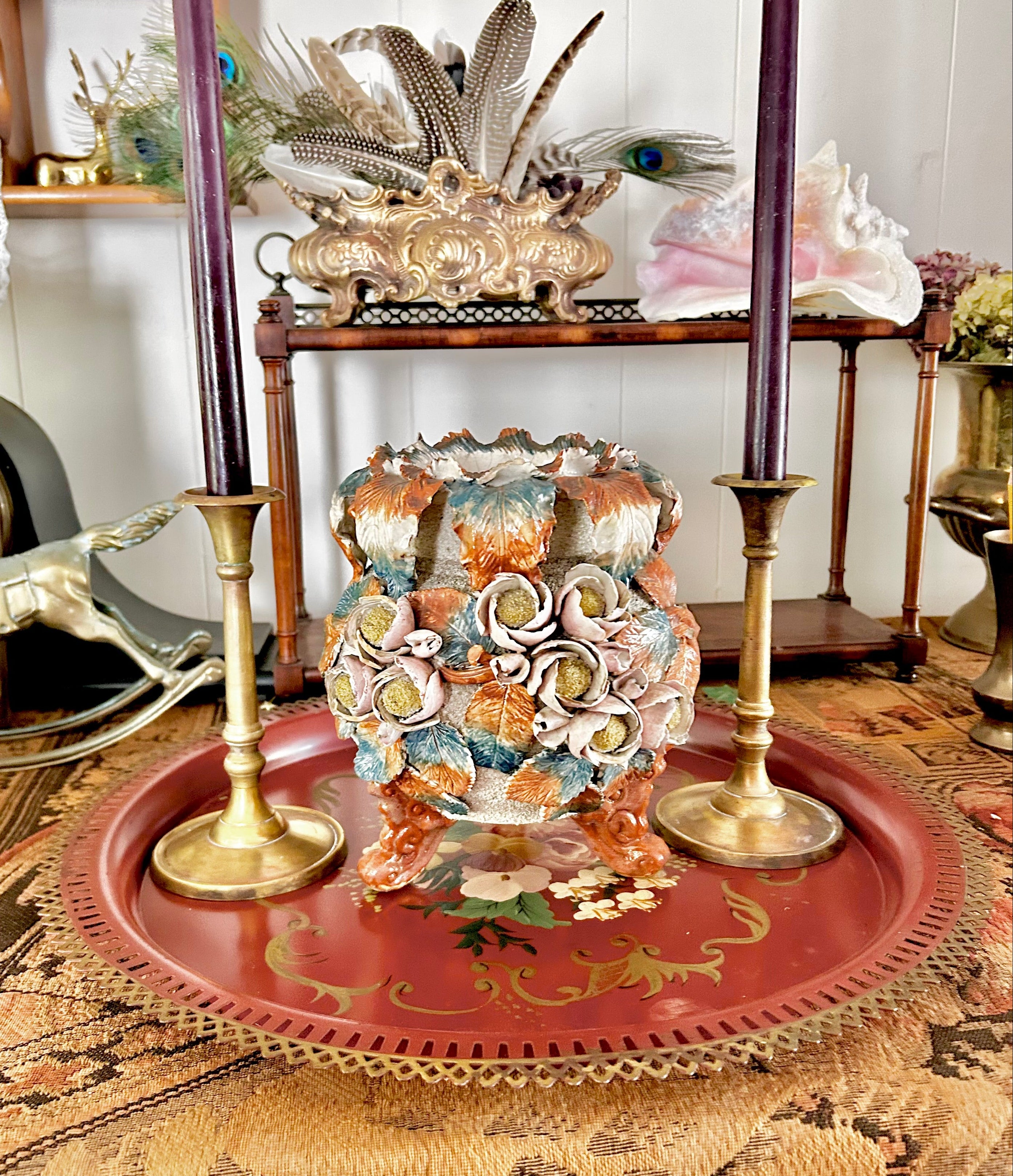Antique English Barbotine Majolica Footed Vase