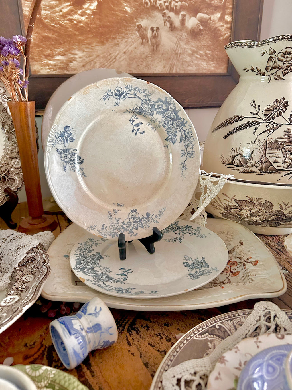 Antique Stained Worn Ironstone Transferware Dishes