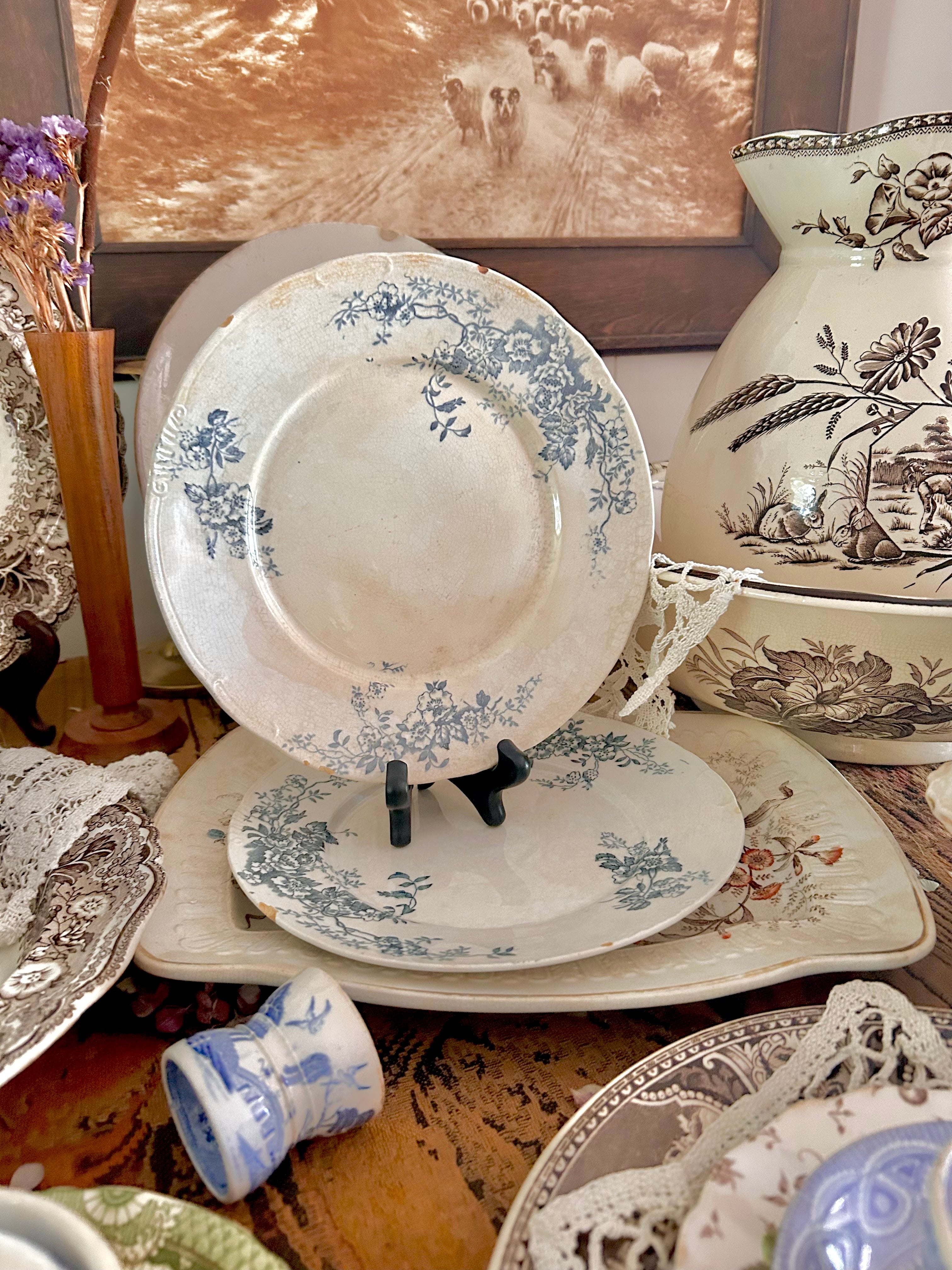 Antique Stained Worn Ironstone Transferware Dishes