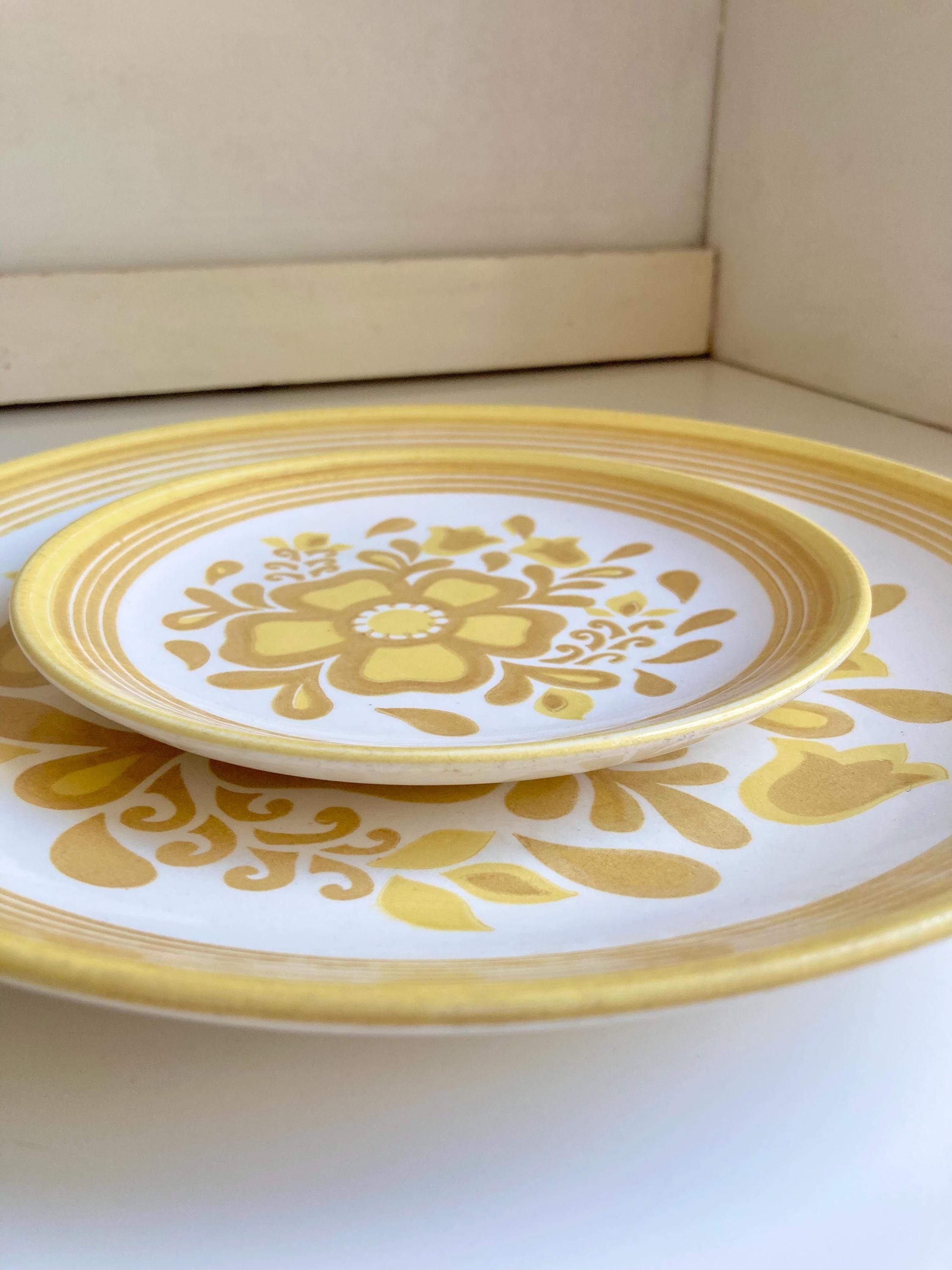 Vintage Cavalier Ironstone Plate Set: Yellow Floral Royal China USA