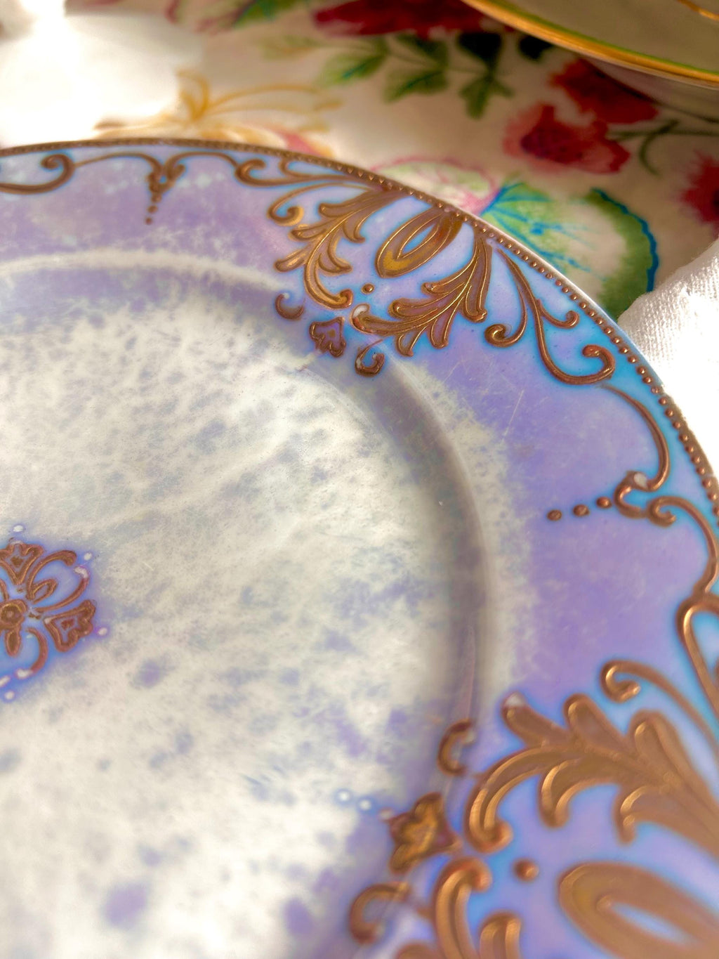 Vintage Purple Lusterware Plate: Gold Filigree Trim, RS Japan