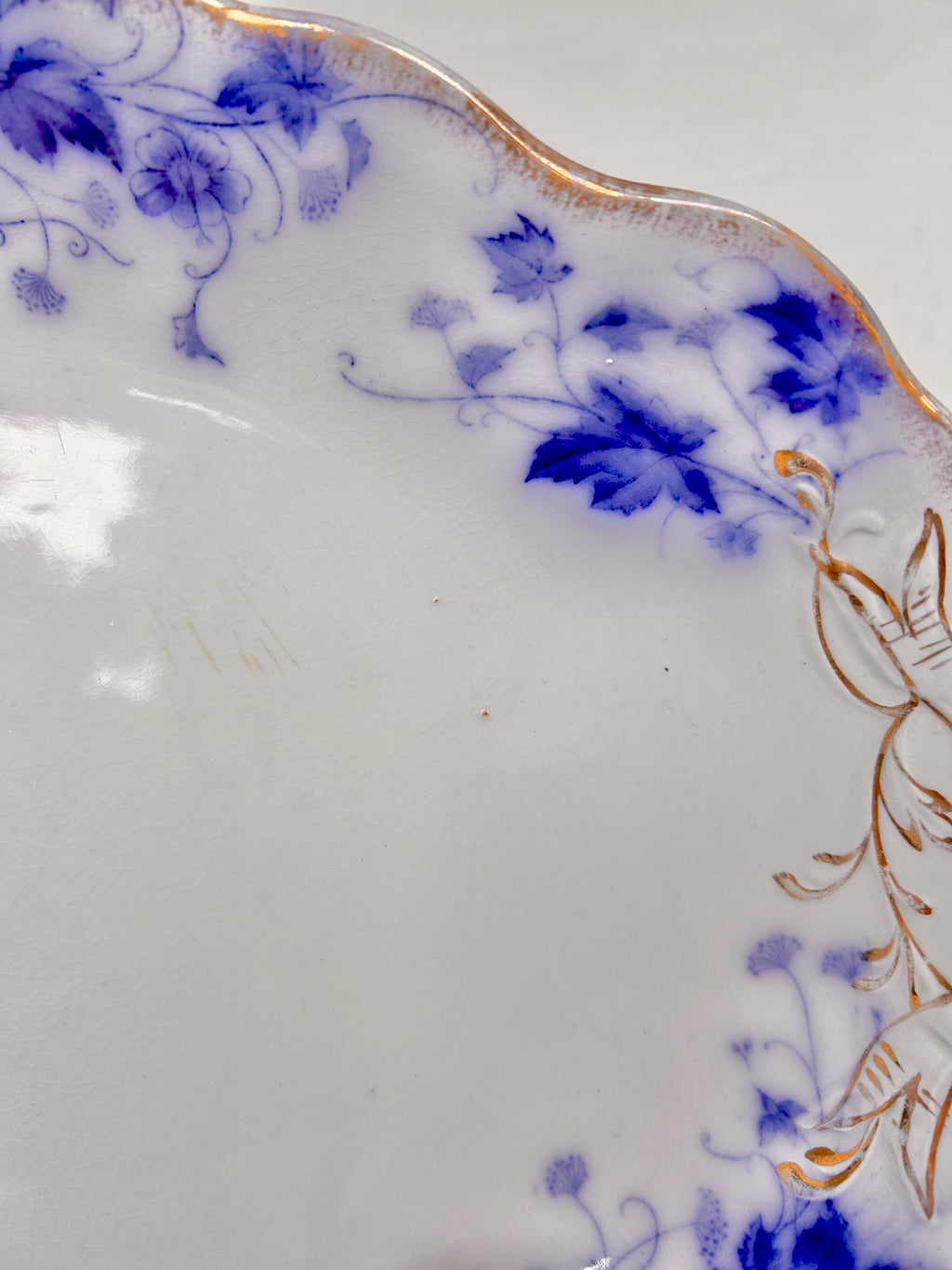 Antique Flow Blue Serving Platter: Royal Semi Porcelain Floral Plate, 14.5"