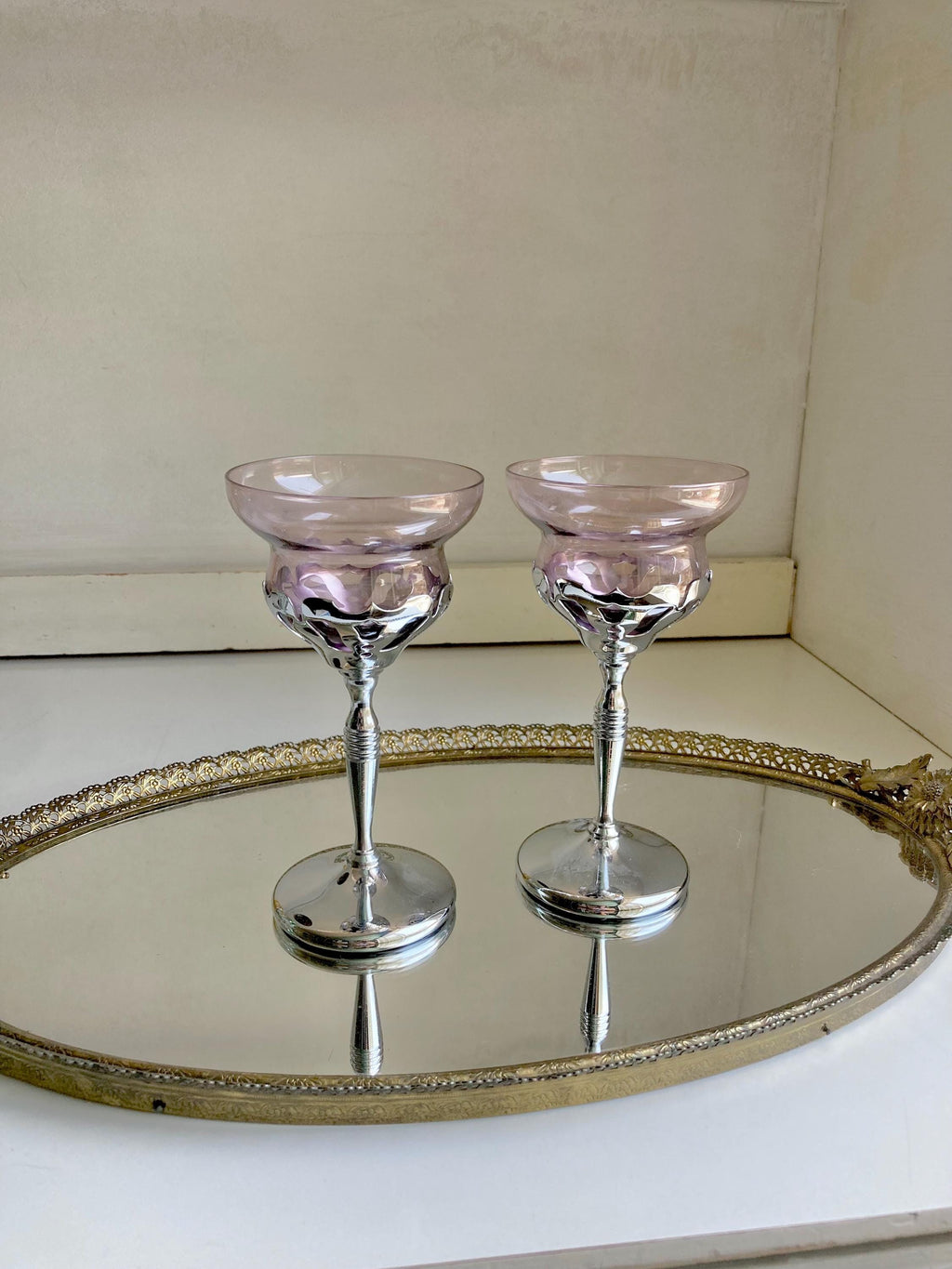 Midcentury Farber Bros Chrome Stem Glassware: Art Nouveau Cocktail Glasses