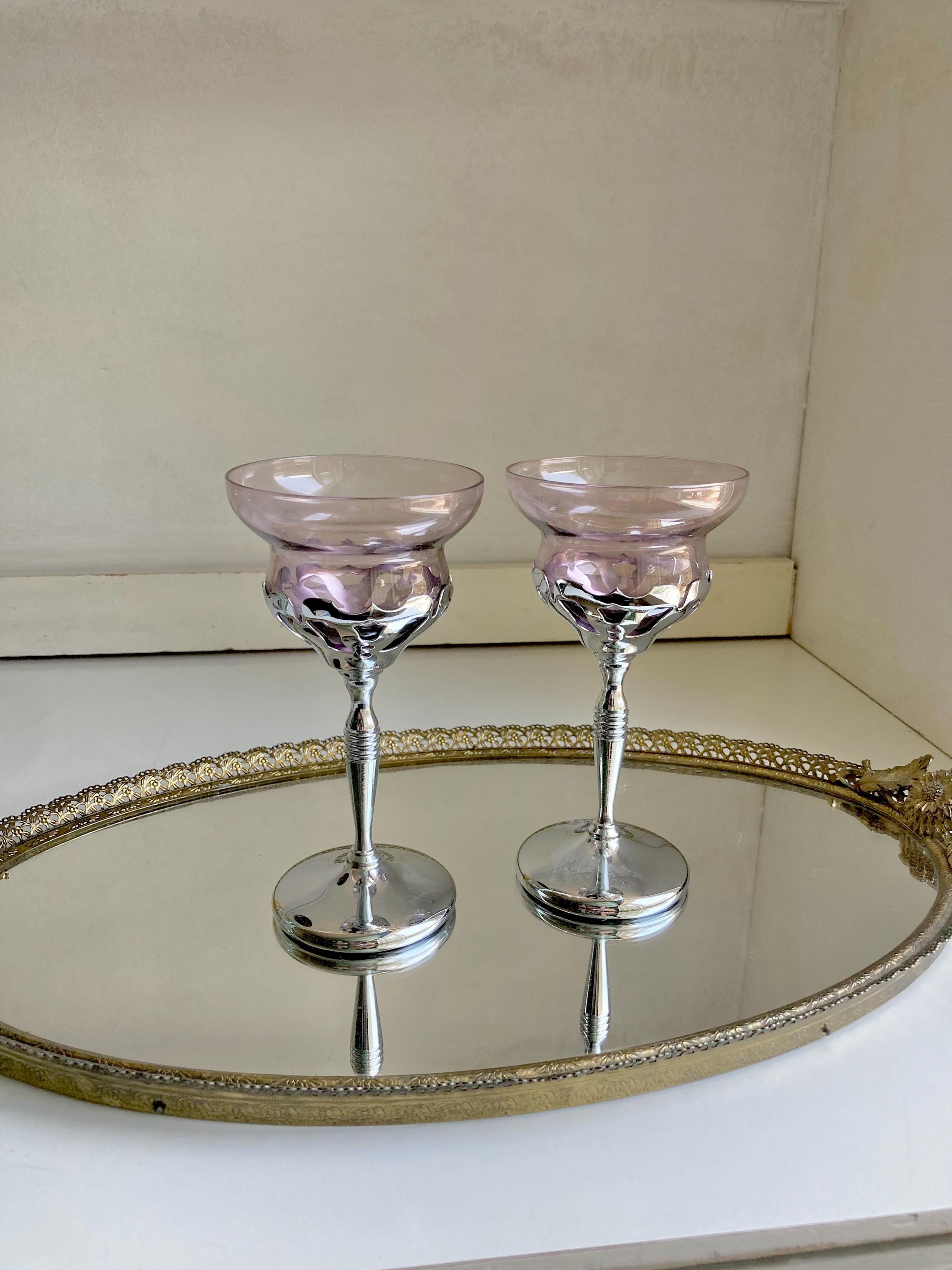 Midcentury Farber Bros Chrome Stem Glassware: Art Nouveau Cocktail Glasses