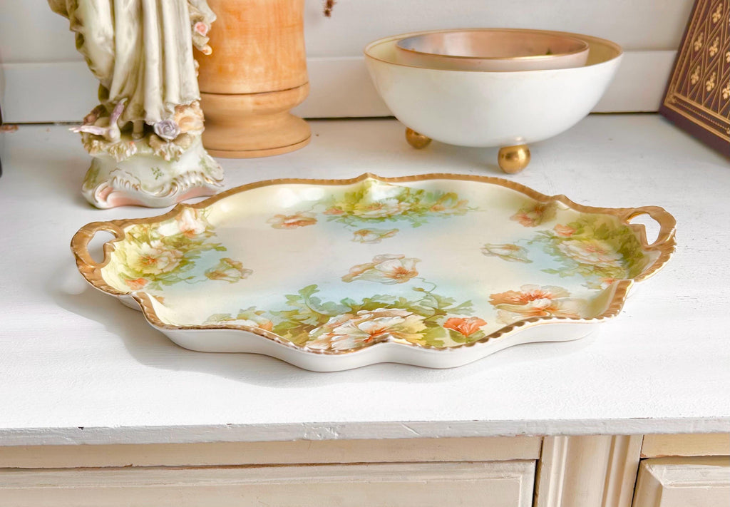 Antique Royal Rudolstadt Prussia Porcelain Tray: Hand-Painted, Gold Trim