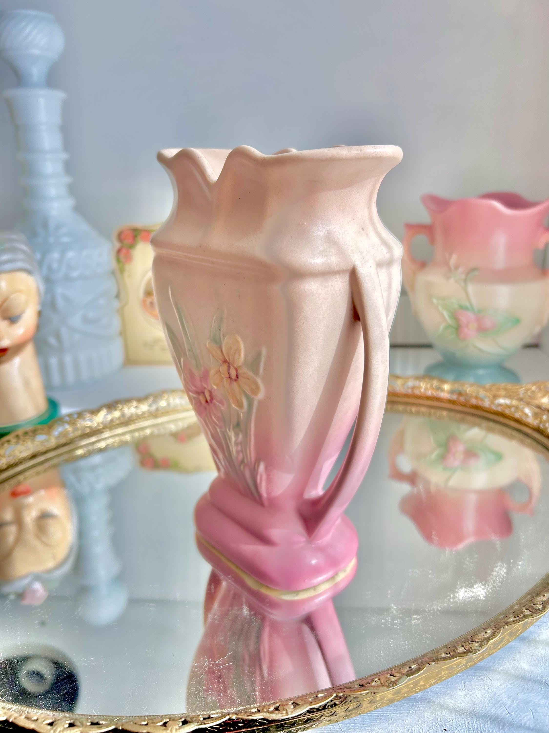 Vintage Hull Art Pottery Vase: Pink Floral Urn with Handles