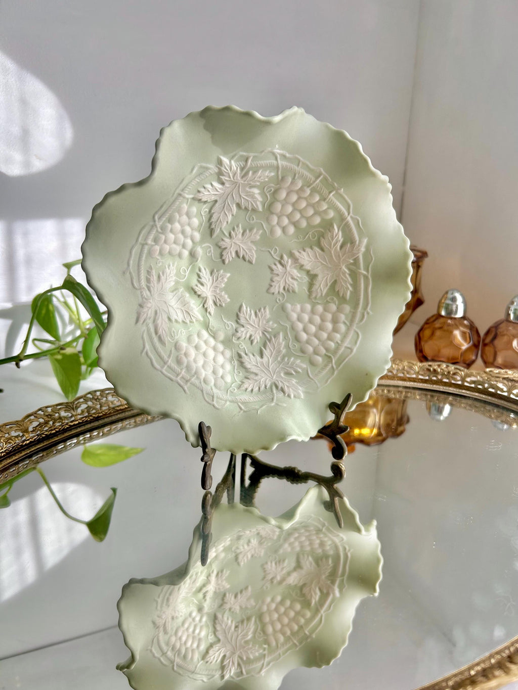 Vintage Bisque Ruffled Bowl: Pale Green Grape Vine Pattern