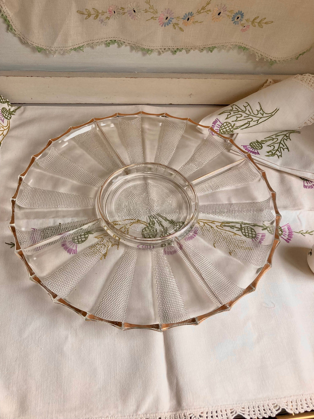 Vintage Jeanette Dewdrop Glass Serving Platter: Gold Wavy Edge, 5-Part Dish