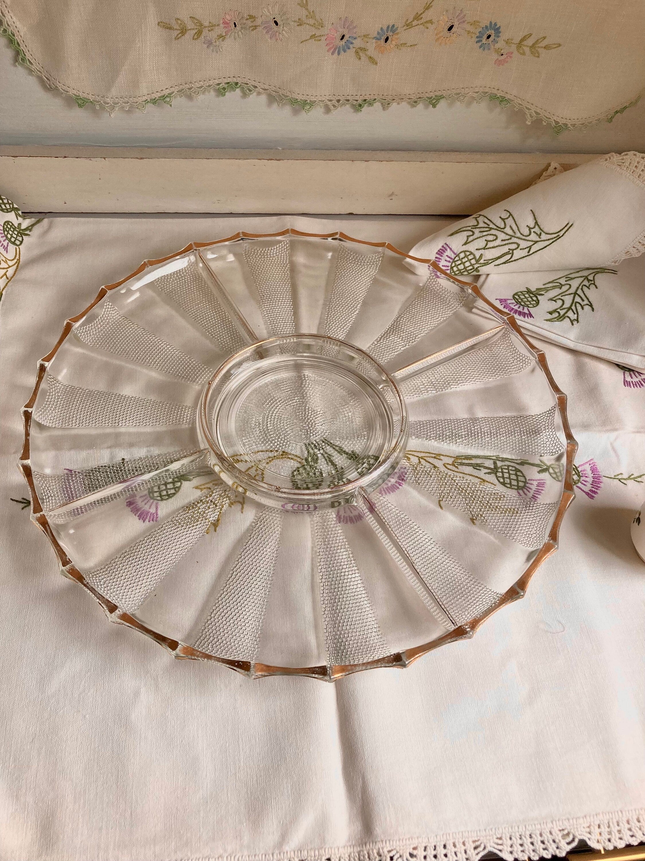 Vintage Jeanette Dewdrop Glass Serving Platter: Gold Wavy Edge, 5-Part Dish