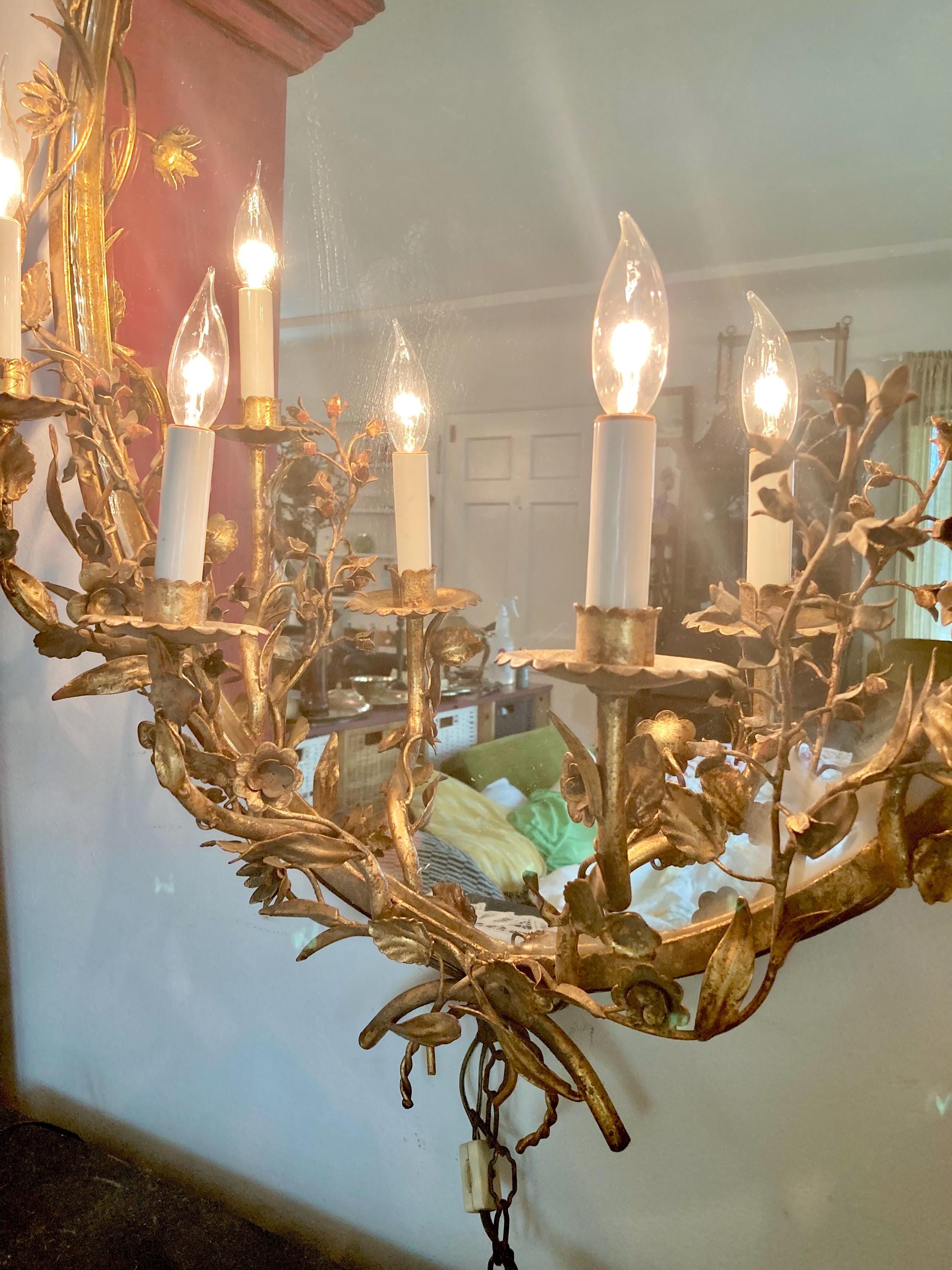 Vintage Gilt Floral Garland Framed Electric-Lighted Wall-hanging Mirror: Gold Floral Oval Frame with Four Candle Style Lamps-Ready to Hang