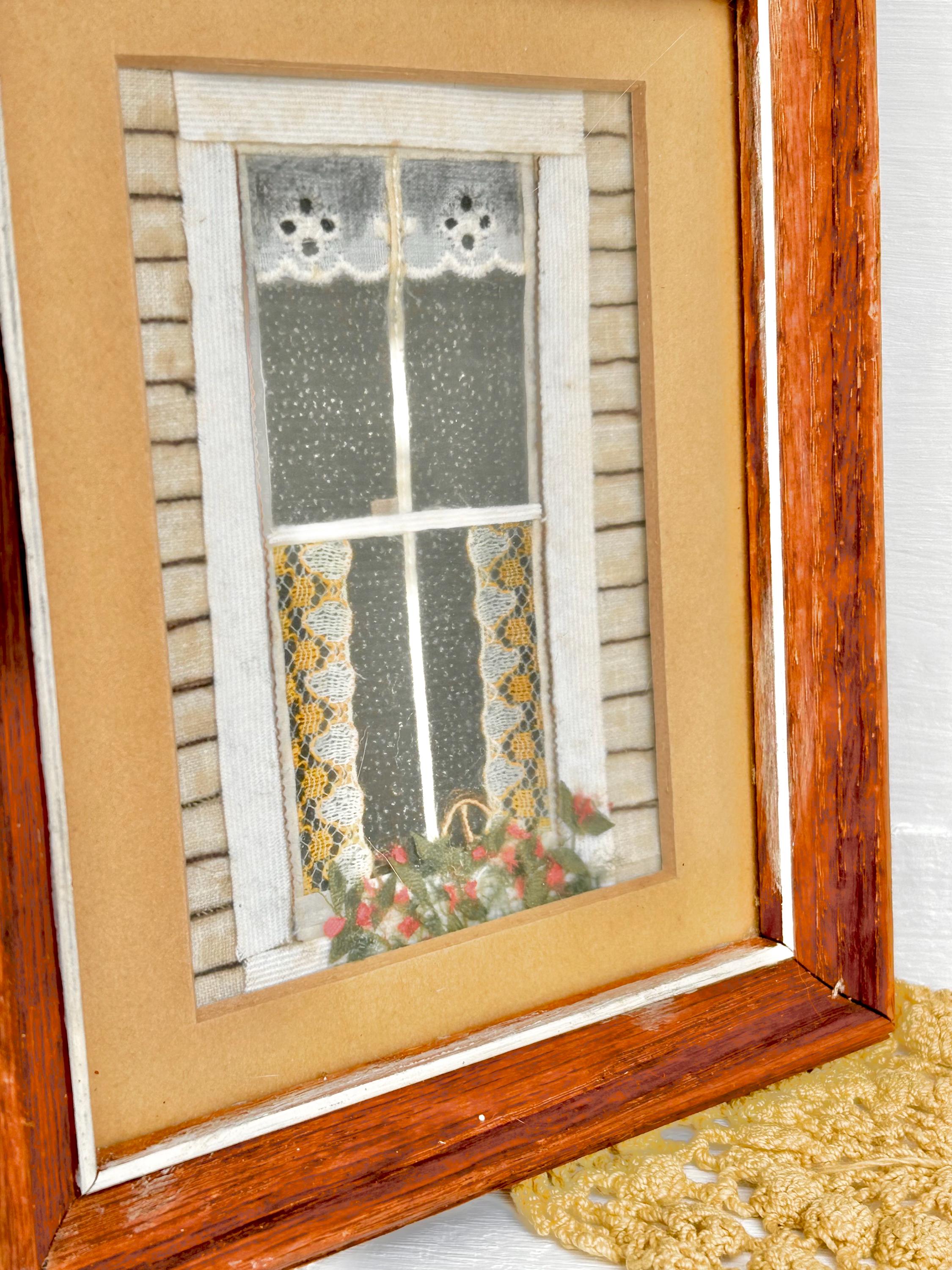 Vintage Framed Mixed Media Art: Country Cottage Window Scene, 1982