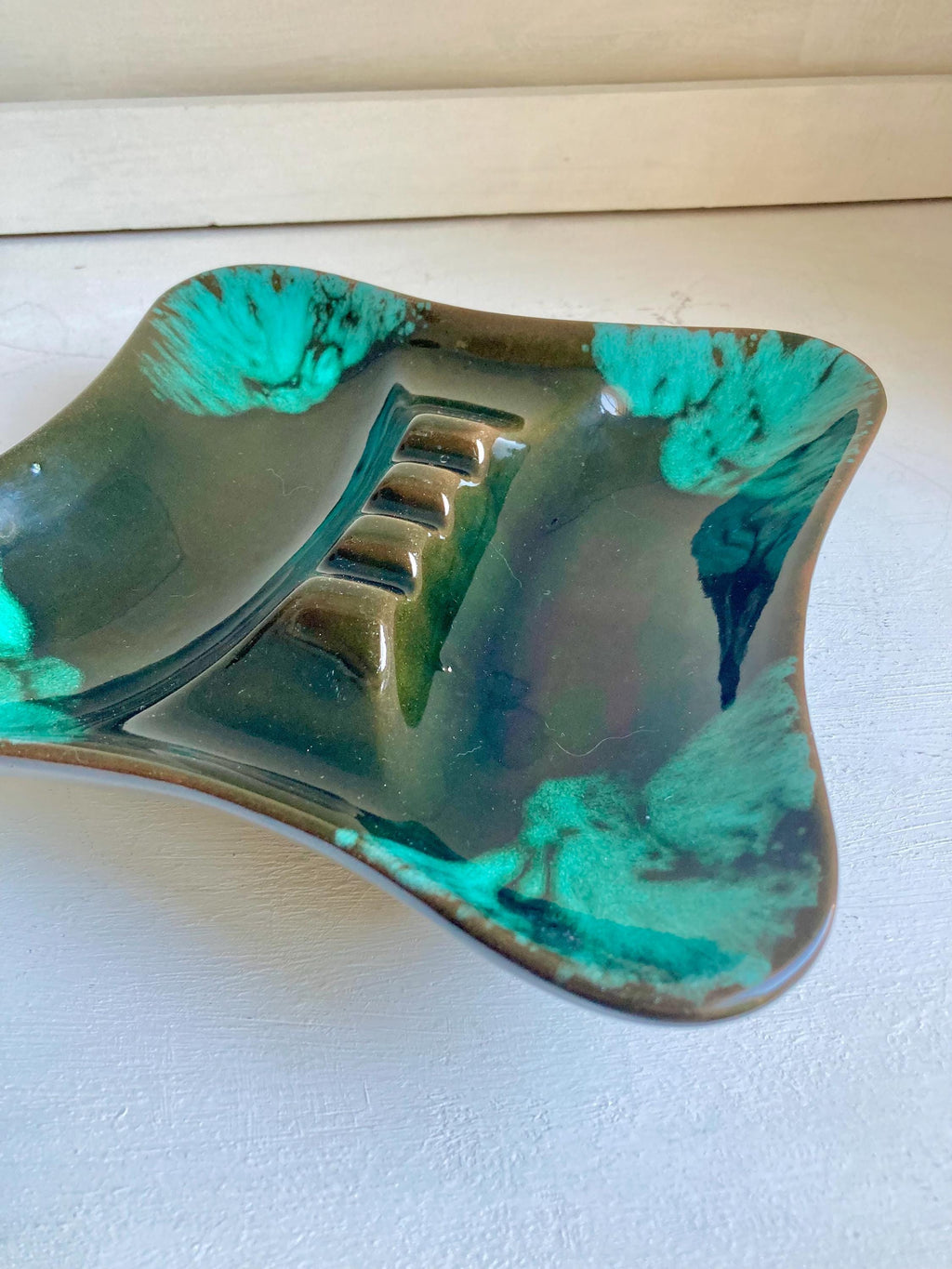 Vintage MCM Drip Glaze Ceramic Ashtray: Turquoise & Olive Green